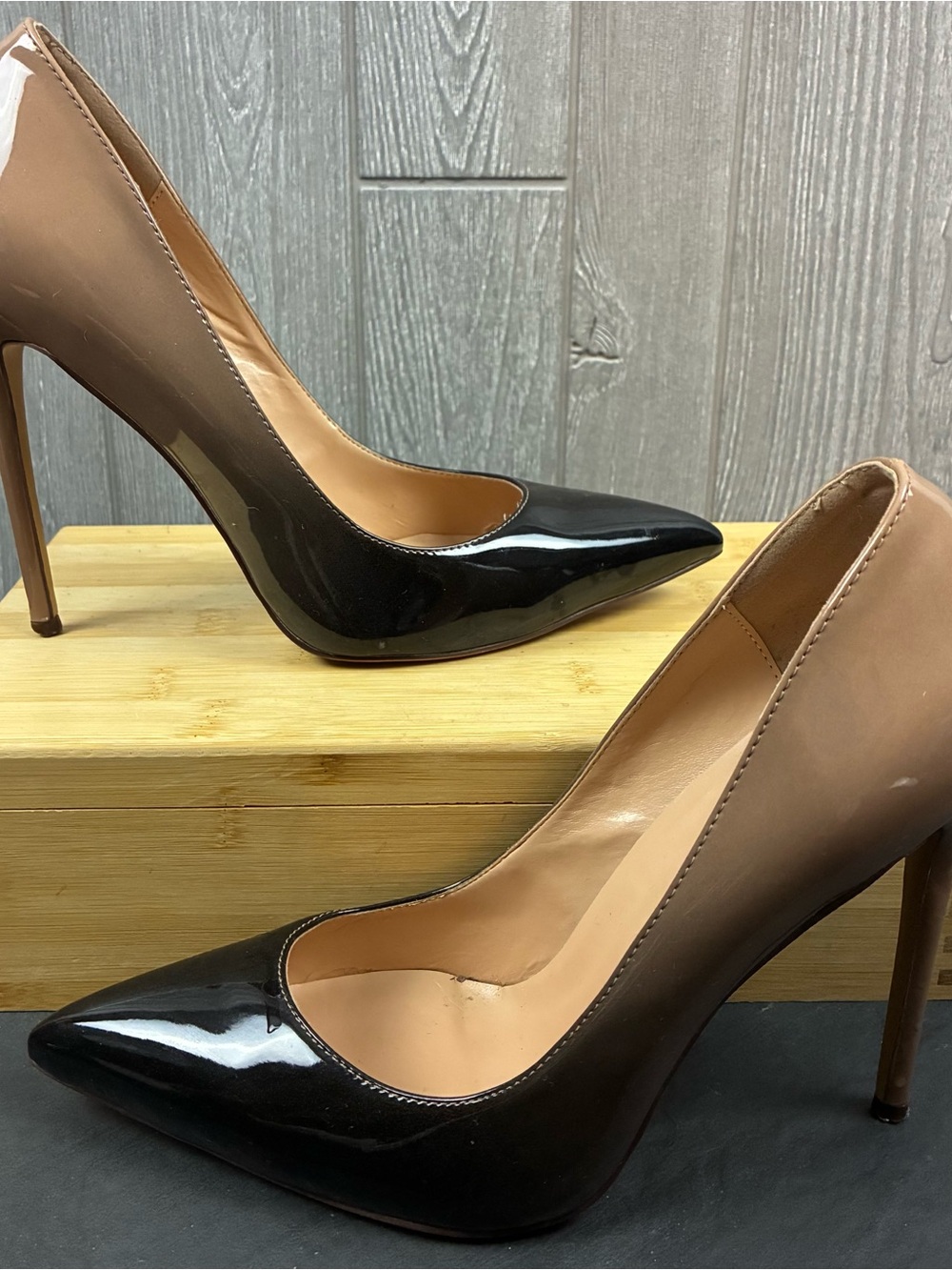 Sunetedance Black Nude Ombré Patent Leather Pointed Toe Stiletto Y2K Pumps 10